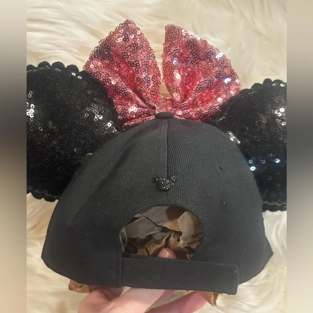 Handcrafted Minnie Baseball Cap with Sequin Minnie Ears and Pink Sequin Bow